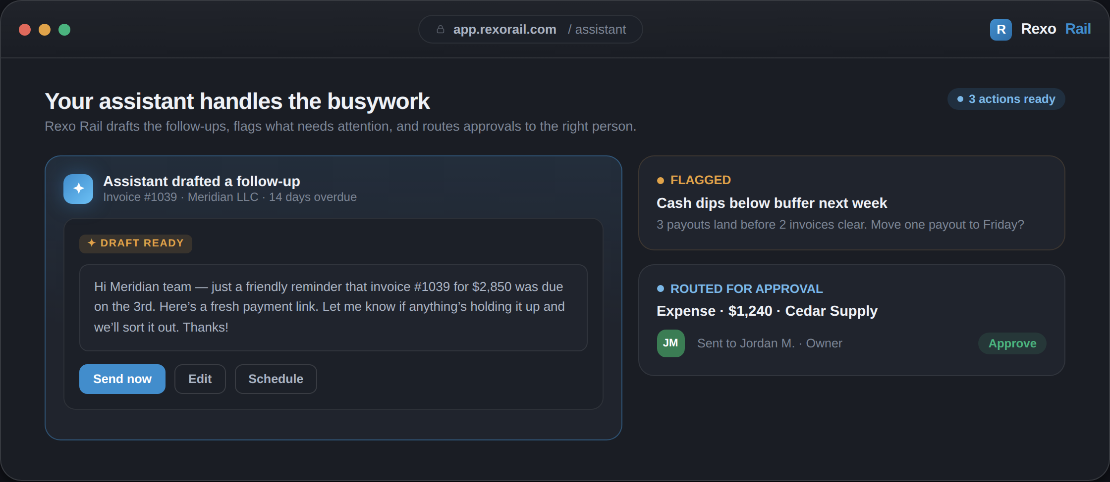 Rexo Rail assistant — a drafted follow-up, a flagged cash dip, and a routed approval.