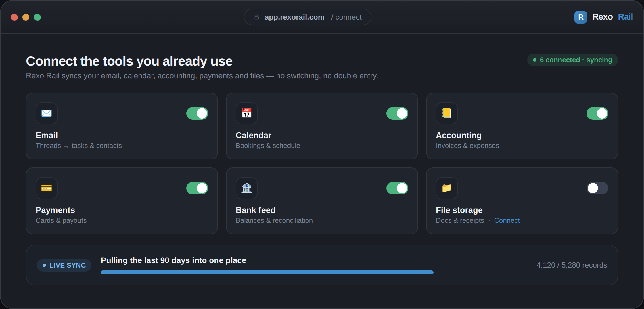 Rexo Rail connect screen — email, calendar, accounting, payments, bank feed and file storage syncing into one place.