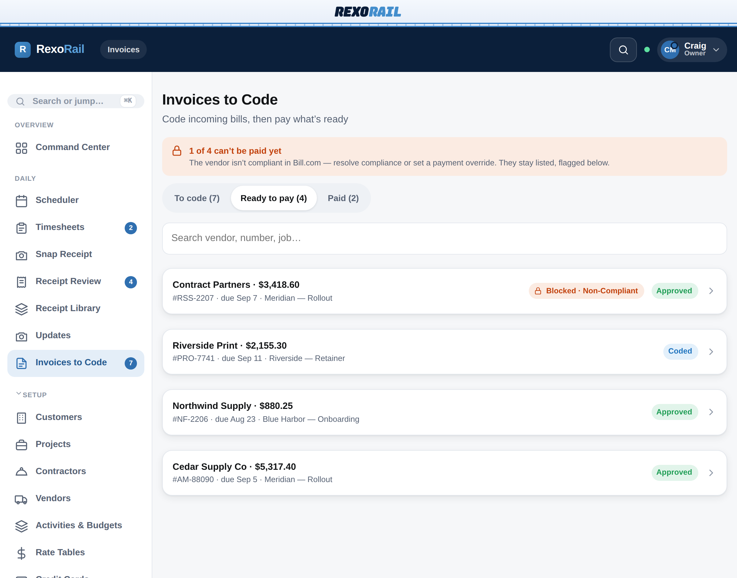 Rexo Rail invoices to code — bills coded, matched and approved, with one flagged as blocked until it is resolved.