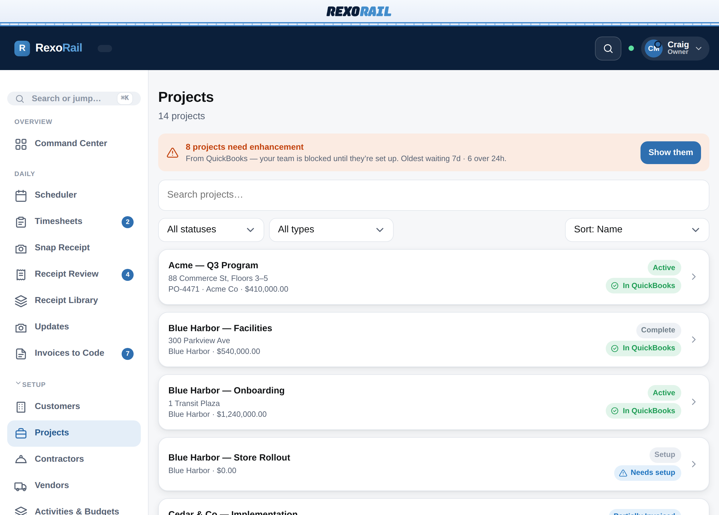 Rexo Rail projects queue — projects that need setup before the team is blocked.