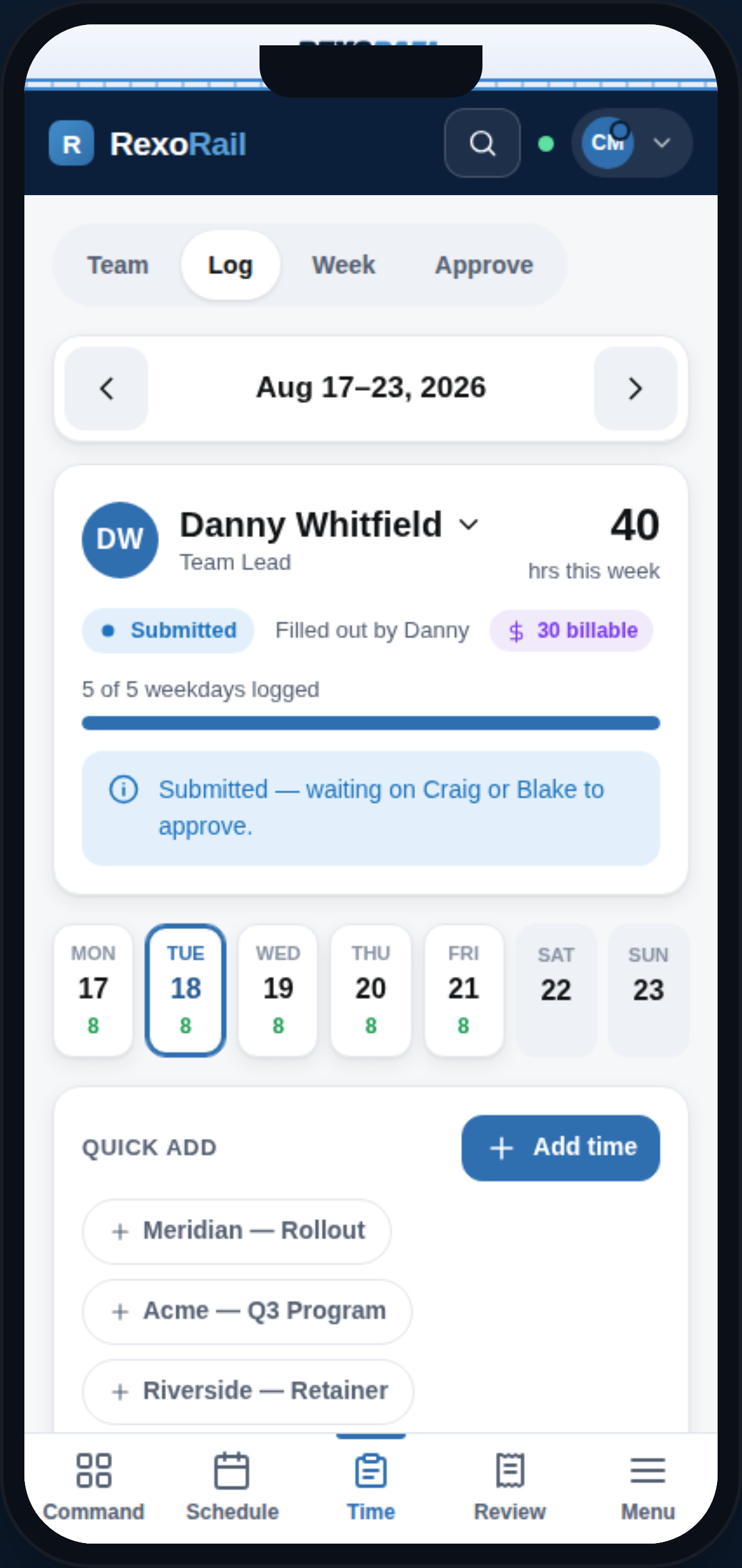 Rexo Rail timesheet on a phone — the team logs hours by day and workstream.